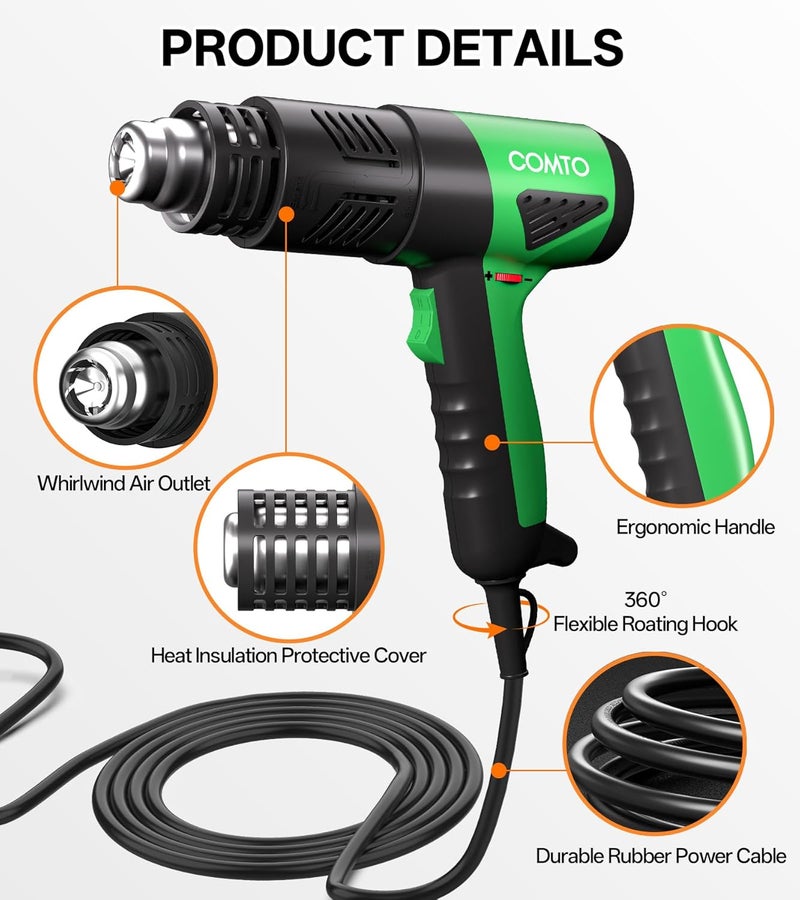 COMTO Store 1800W Industrial Heat Gun, Fast Heating 122℉-1202℉ Variable Temperature Control Overheat Protection 2 Speed Air Flow with 4 Nozzles for Crafts, Shrinking Tubing, Vinyl Wrap (SG-1004) - Image 5